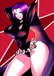  1girl bodysuit breasts cape large_breasts looking_at_viewer purple_hair raven_(dc) short_hair skin_tight smile solo teen_titans thick_thighs thighs violet_eyes zxc 