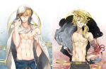  2boys blonde_hair blue_eyes blush grin hand_on_hip hood kingchenxi male_focus multiple_boys shirtless shishiou smile touken_ranbu yamanbagiri_kunihiro 