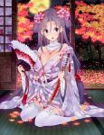  1girl amayu autumn_leaves breasts cleavage detached_collar fan flower flower_on_head garter_straps hair_ornament japanese_clothes jewelry kimono leaf long_hair looking_at_viewer necklace open_mouth purple_hair sengoku_taisen sitting solo tantou tatami thigh-highs violet_eyes wariza weapon white_legwear 