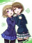  2girls black_legwear blazer bow brown_hair dual_persona hair_bow hands_on_another&#039;s_shoulders hands_together koizumi_hanayo love_live!_school_idol_project multiple_girls pantyhose plaid plaid_skirt pointing shikei_(jigglypuff) short_hair skirt thigh-highs violet_eyes 
