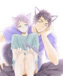  2boys animal_ears black_hair blue_eyes blush cat_ears cat_tail free! grey_hair komorikorimo male_focus mole multiple_boys nitori_aiichirou short_hair smile tail wolf_ears wolf_tail yamazaki_sousuke 