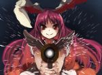  1girl animal_ears berabou blush glowing gun holding_weapon legacy_of_lunatic_kingdom long_hair looking_at_viewer outstretched_arms purple_hair rabbit_ears red_eyes reisen_udongein_inaba shirt short_sleeves simple_background smile solo touhou upper_body weapon wings 
