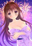  1girl aerial_fireworks alternate_costume blush breasts brown_eyes brown_hair cleavage collarbone dutch_angle fireworks hair_down japanese_clothes kantai_collection kimono large_breasts long_hair looking_at_viewer multicolored_eyes off_shoulder outdoors smile solo upper_body violet_eyes yamato_(kantai_collection) yukata yuzukaze_rio 