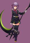  1girl absurdres boots brown_eyes gloves highres hiiragi_shinoa long_hair masabodo owari_no_seraph purple_hair ribbon scythe skirt smile solo thigh-highs 