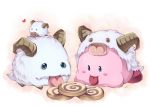  :p blue_eyes blush_stickers chibi_on_head cookie food hat heart horns kakip kirby kirby_(series) league_of_legends no_humans poro_(league_of_legends) tongue tongue_out 