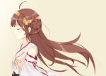  1girl ahoge brown_hair closed_eyes detached_sleeves double_bun from_side headgear kantai_collection kongou_(kantai_collection) long_hair nontraditional_miko patryzark simple_background smile solo wind 