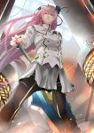  1girl endou_(zettai_bluenoid) eyepatch eyepatch_removed glowing glowing_eye highres long_hair megurine_luka pink_hair solo sword vocaloid weapon 