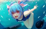  1girl blue_hair bubble fang i-19_(kantai_collection) kantai_collection looking_at_viewer nian open_mouth pink_eyes school_swimsuit smile solo swimsuit torpedo twintails underwater 