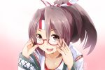  1girl bespectacled brown_hair glasses haniyama_hanio headband japanese_clothes kantai_collection looking_at_viewer open_mouth ponytail red_eyes solo zuihou_(kantai_collection) 