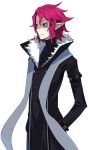  1boy coat disgaea disgaea_d2 expressionless hand_in_pocket harada_takehito male_focus messy_hair official_art pointy_ears red_eyes redhead scarf shirt solo upper_body white_background xenolith 