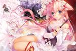  1girl animal_ears breasts cherry_blossoms flower fox_ears hair_ribbon long_hair obiwan original pink_hair ribbon smile solo umbrella violet_eyes 