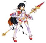  1girl ahoge ara_han artist_request asymmetrical_clothes black_hair detached_sleeves elsword frills hair_tubes long_hair official_art payot polearm ponytail red_shoes shoes shorts_under_skirt skirt smile solo spear standing thigh-highs weapon white_background white_legwear white_skirt yellow_eyes 
