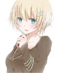  1girl backlighting blonde_hair blue_eyes blush bracelet earrings hair_ornament hairclip hiro_(hirohiro31) jewelry long_sleeves looking_at_viewer necklace open_mouth original pendant ring short_hair smile solo upper_body 