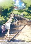  1girl absurdres arms_behind_back bag bare_shoulders blush boots character_request clouds copyright_request dress flower green_eyes hair_flower hair_ornament hair_ribbon highres holding kantoku leaning_forward long_hair looking_at_viewer open_mouth railroad_tracks ribbon scan shadow silver_hair sky smile solo standing_on_one_leg sundress tree twintails 