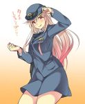  1girl adjusting_clothes adjusting_hat gradient_hair hair_ornament hairpin kantai_collection long_hair multicolored_hair police police_uniform policewoman red_eyes sk02 uniform yuudachi_(kantai_collection) 