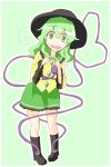  1girl absurdres blouse boots fingers_together flying_sweatdrops green_background green_eyes green_hair hat heart heart_of_string highres komeiji_koishi long_hair looking_at_viewer mr.milk_caramel open_mouth pigeon-toed skirt solo sweat third_eye touhou wavy_mouth 