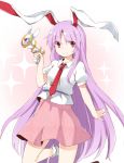  1girl akagashi_hagane animal_ears brooch carrot gradient gradient_background gun jewelry lavender_hair legacy_of_lunatic_kingdom long_hair looking_at_viewer necktie puffy_sleeves rabbit_ears red_eyes reisen_udongein_inaba shirt short_sleeves skirt smile socks solo sparkle touhou very_long_hair weapon white_legwear 