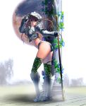  1girl armor ass bandaid blue_eyes breastplate brown_hair flower gauntlets greaves helmet highres leaning_forward long_hair looking_at_viewer masao original parted_lips pillar polearm solo spear thigh-highs twintails weapon 