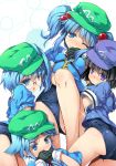  4girls alternate_costume ass black_gloves black_hair blue_eyes blue_hair blue_shirt chima_q colored_eyelashes covering_mouth gloves hair_bobbles hair_ornament hat highres kappa kappa_mob kawashiro_nitori key looking_at_viewer multiple_girls one-piece_swimsuit one_eye_closed school_swimsuit shirt short_hair short_twintails smile swimsuit thighs touhou twintails 