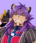  1boy bangs champion_uniform commentary dark_skin dark_skinned_male eyebrows_visible_through_hair facial_hair gloves hand_up leon_(pokemon) long_hair male_focus meltnotmelt partially_fingerless_gloves pokemon pokemon_(game) pokemon_swsh purple_hair shirt smile solo teeth yellow_eyes 