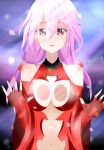  1girl against_glass bare_shoulders blush breast_press breasts breasts_on_glass center_opening cleavage detached_sleeves elbow_gloves fingerless_gloves fourth_wall gloves guilty_crown hair_ornament hairclip long_hair looking_at_viewer navel pink_hair red_eyes solo twintails yuzuriha_inori 