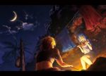  1girl blonde_hair blue_hair campfire closed_eyes clothesline clouds cooking crescent_moon crop_top dark dutch_angle eating food laundry letterboxed long_hair meat moon night night_sky original palm_tree pouch short_hair skirt sky stick technoheart tree 