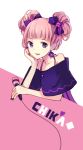  1girl bare_shoulders character_name chika_(vocaloid) double_bun hand_on_own_cheek heart looking_at_viewer microphone nail_art off_shoulder pink_hair short_hair smile solo violet_eyes vocaloid xk_xk 