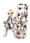  1boy armor blackjd83 blonde_hair cannon chung_(elsword) elsword expressionless gauntlets gloves greaves green_eyes huge_weapon male_focus necktie solo standing weapon white_background 