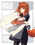  1girl alternate_costume animal_ears apron brown_hair enmaided highres holo long_hair maid murimu red_eyes skirt smile solo spice_and_wolf tail wolf_ears 