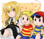 1girl 2boys :d baseball_cap black_hair blonde_hair crossover hat hat_removed headwear_removed kirisame_marisa long_hair lucas mother_(game) mother_2 mother_3 multiple_boys ness open_mouth puffy_sleeves shirt short_hair shorts sitting skirt skirt_set smile solid_oval_eyes striped striped_shirt super_smash_bros. t-shirt touhou yellow_eyes 