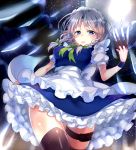  1girl apron black_legwear blue_dress blue_eyes braid dress highres izayoi_sakuya knife maid maid_headdress paragasu_(parags112) puffy_short_sleeves puffy_sleeves short_sleeves silver_hair solo thigh-highs thigh_strap throwing_knife touhou twin_braids upskirt waist_apron 