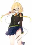  1girl blonde_hair boxcutter glasses highres looking_at_viewer nmaaaaa open_mouth original skirt solo yellow_eyes 