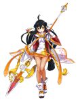  1girl ahoge ara_han artist_request black_hair braid elsword french_braid long_hair low-tied_long_hair miniskirt official_art orange_skirt pantyhose polearm sheer_legwear shirt shoes skirt smile solo spear standing thigh_gap weapon white_background white_shoes yellow_eyes 