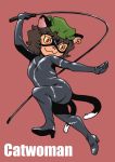  1girl :3 animal_ears bodysuit brown_hair cat_ears cat_tail catsuit catwoman_(cosplay) chen dc_comics earrings hat jewelry multiple_tails red_eyes short_hair solo tail touhou whip 