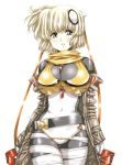  1girl anita_(growlanser) belt between_breasts bodysuit breasts coat grey_eyes growlanser growlanser_vi hair_ribbon large_breasts off_shoulder official_art orange_ribbon ribbon short_hair smile solo upper_body urushihara_satoshi white_background white_hair 