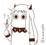  (o)_(o) chewing commentary eating fish horns kantai_collection mittens monochrome moomin muppo northern_ocean_hime northern_ocean_hime_(cosplay) sazanami_konami shinkaisei-kan simple_background twitter_username 