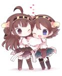  2girls blue_eyes brown_hair hairband heart hiei_(kantai_collection) hug japanese_clothes kantai_collection ki_(artist) kongou_(kantai_collection) long_hair multiple_girls nontraditional_miko one_eye_closed short_hair siblings smile 