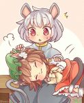  /\/\/\ 2girls :3 animal_ears brown_hair cat_ears cat_tail chen closed_eyes closed_mouth commentary_request grey_hair ibarashiro_natou jewelry lying_on_lap mob_cap mouse_ears mouse_tail multiple_girls nazrin nekomata short_hair single_earring tail touhou twitter_username 