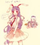  4girls animal_ears belt black_hair closed_eyes fan hat houraisan_kaguya inaba_tewi jpeg_artifacts legacy_of_lunatic_kingdom long_hair long_sleeves looking_at_another multiple_girls necktie nurse_cap open_mouth pointing puffy_sleeves purple_hair rabbit_ears red_eyes reisen_udongein_inaba shirt short_hair short_sleeves silver_hair simple_background skirt smile speech_bubble sweat text touhou translation_request very_long_hair wide_sleeves yagokoro_eirin yellow_background yujup 