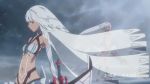  1girl animated animated_gif bangs dark_skin fate/grand_order fate_(series) flat_chest huke long_hair lowres midriff navel red_eyes saber_(fate/grand_order) screencap silver_hair solo source_request tubetop very_long_hair weapon 