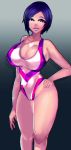  1girl bare_shoulders black_background blue_hair breasts cleavage gradient gradient_background large_breasts looking_at_viewer short_hair smile solo thighs violet_eyes zxc 