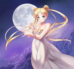  1girl bare_shoulders bishoujo_senshi_sailor_moon blonde_hair blue_eyes breasts cleavage clouds collarbone double_bun dress full_moon long_hair moon princess_serenity purple_background smile solo strapless_dress tsuki_ni_kawatte_oshioki_yo tsukino_usagi twintails white_dress yamkom 