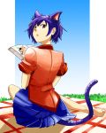  1girl animal_ears barefoot cat_ears cat_tail hanekawa_tsubasa monogatari_(series) purple_hair school_uniform solo tail 