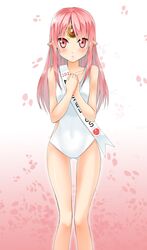  1girl 2012 absurdres apple_(elsword) blush cherry_blossoms elsword forehead_jewel gradient gradient_background hands_together highres long_hair one-piece_swimsuit pink_background pink_eyes pink_hair solo standing swimsuit ukeuke white_background white_swimsuit 