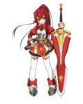  1girl armor armored_dress elesis elsword expressionless hand_on_hip long_hair neckerchief official_art ponytail red_eyes redhead ress shoes skirt solo standing sword thigh-highs weapon white_background white_legwear white_skirt 