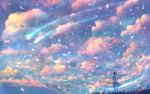  1girl bou_nin clouds dress fantasy from_below kneehighs light_particles long_hair meteor original ponytail scenery sky solo star_(sky) twilight wind 