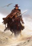  1boy armor beard bird cigar clint_eastwood cloak cowboy_hat daniel_kamarudin eagle facial_hair full_body gauntlets hat highres man_with_no_name manly skeleton solo sword weapon western 