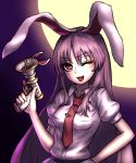  1girl animal_ears breasts gun highres legacy_of_lunatic_kingdom long_hair miata_(pixiv) necktie one_eye_closed open_mouth purple_hair rabbit_ears red_eyes reisen_udongein_inaba solo touhou trigger_discipline very_long_hair weapon 