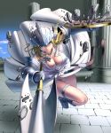  1girl aiming_at_viewer armor armored_dress blonde_hair blue_eyes breasts cleavage dress helmet highres large_breasts looking_at_viewer masao metal_gloves original panties pantyshot pantyshot_(standing) pillar polearm shield solo spear standing thigh_strap thighs tile_floor tiles underwear valkyrie weapon white_dress white_panties wind wind_lift 