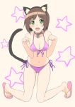  1girl :d animal_ears bare_shoulders bell bell_collar bikini blush breasts brown_hair cat_ears cat_tail cleavage collar collarbone fake_animal_ears fang flip-flops front-tie_top green_eyes highres idolmaster idolmaster_cinderella_girls kneeling knees_together_feet_apart maekawa_miku navel open_mouth paw_pose purple_bikini sandals short_hair side-tie_bikini smile solo star swimsuit tail tenkuu_nozora 